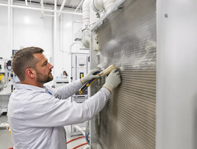 Tiverton Air Duct Cleaning technician performing precision commercial coil cleaning at a Tiverton business
