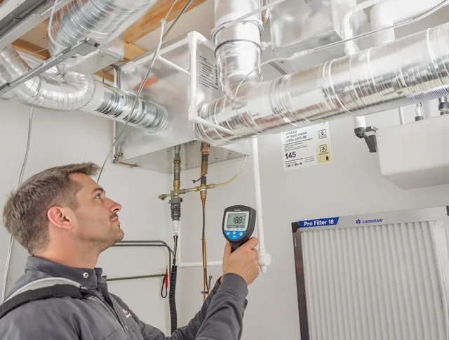 Tiverton Air Duct Cleaning expert conducting detailed filter system inspection using diagnostic tools in Tiverton